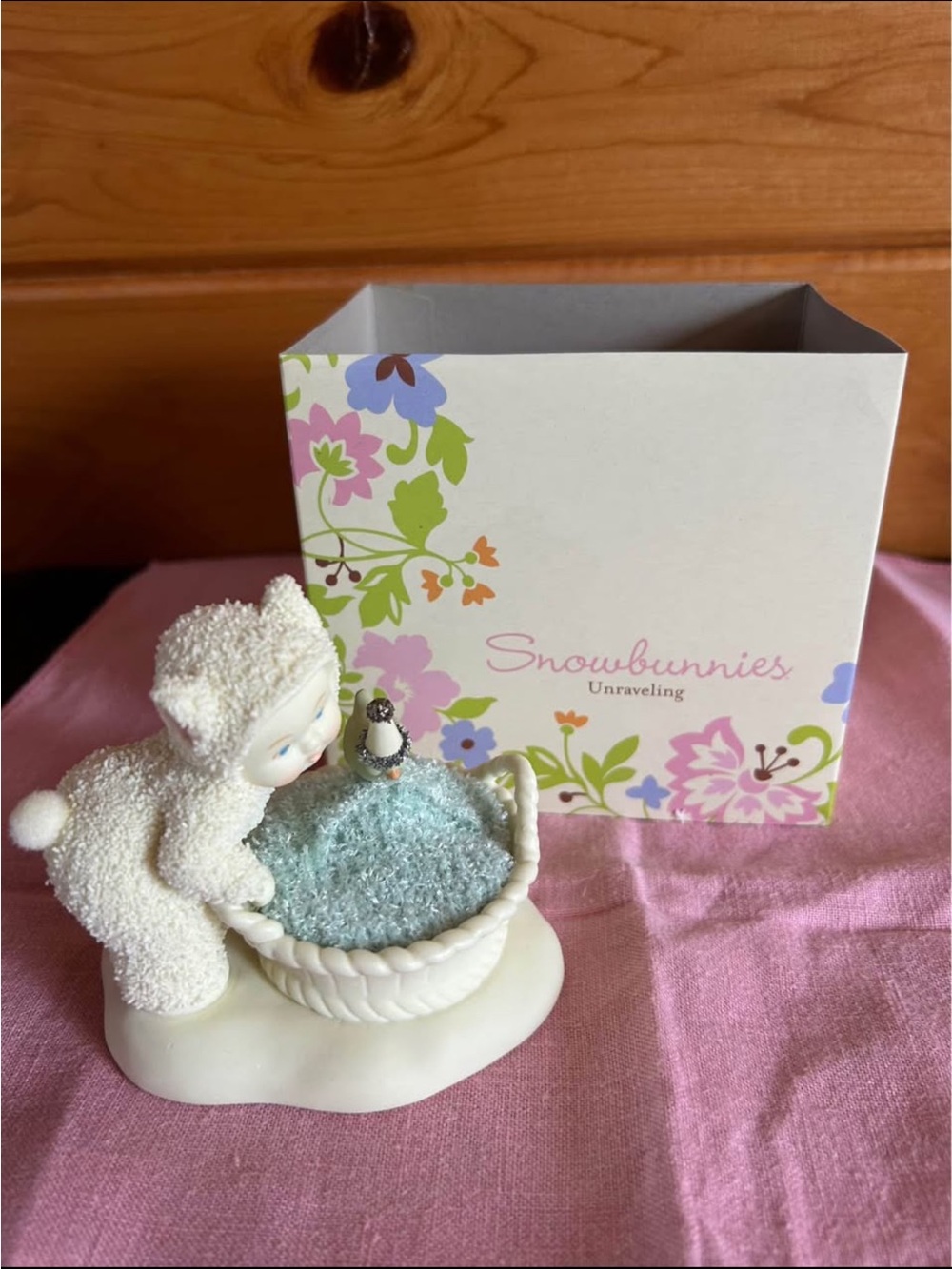 Snowbunnies "Unraveling " Bunny with Basket and Glitter Birdie